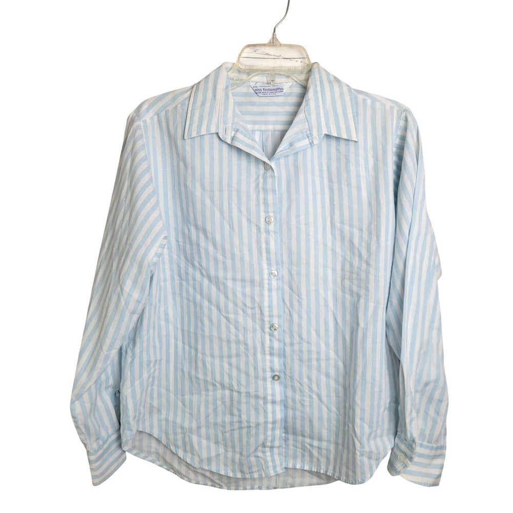 Vtg Miss Fashionality Button Down Shirt Coastal Preppy Blue White Junior's 13-14
